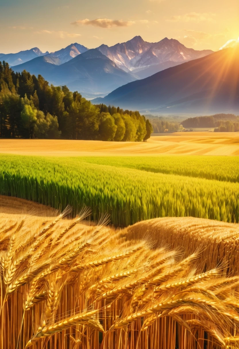sunny day, Wheat field and mountains in the background, Wheat reflects the sunlight