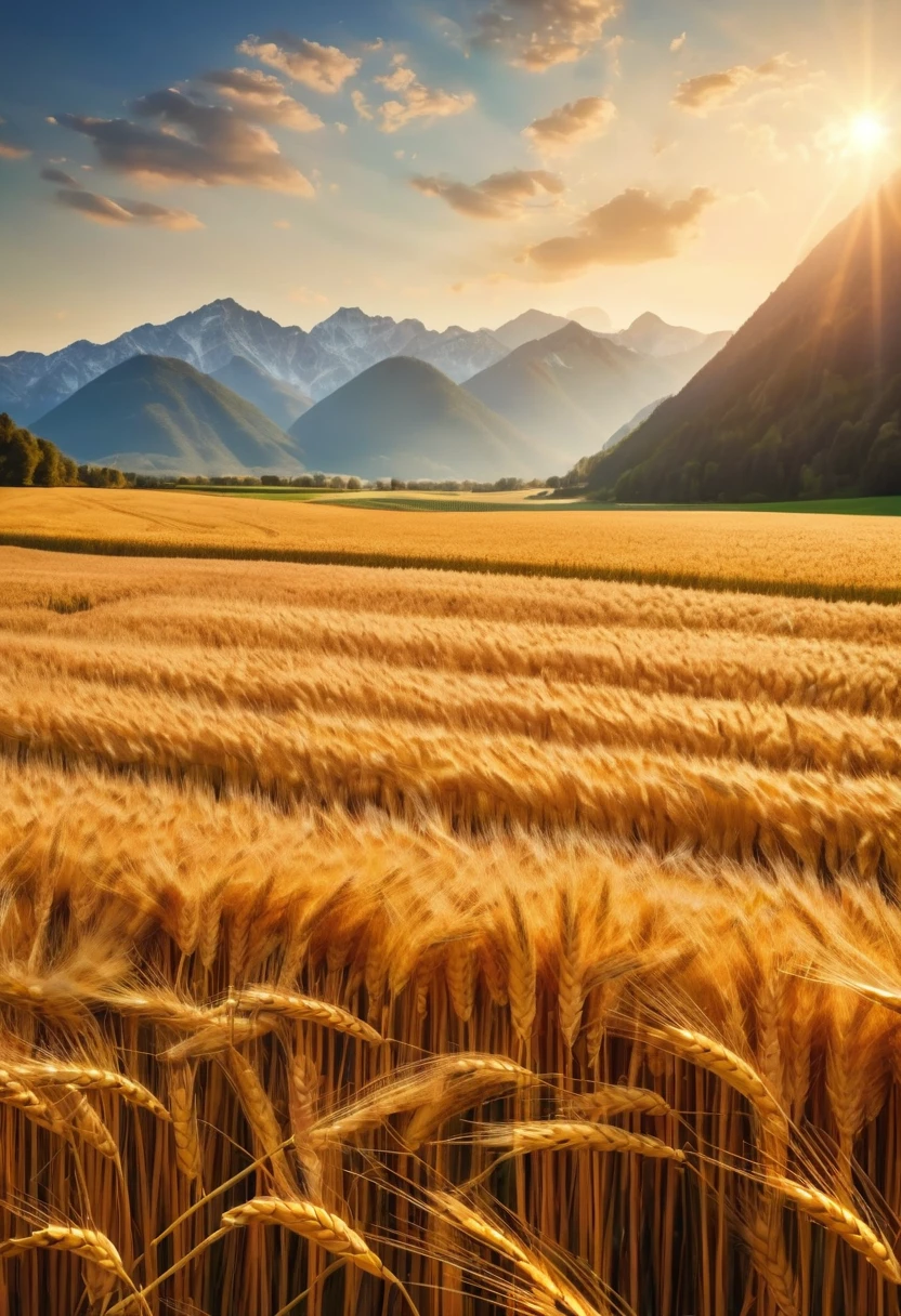 sunny day, Wheat field and mountains in the background, Wheat reflects the sunlight