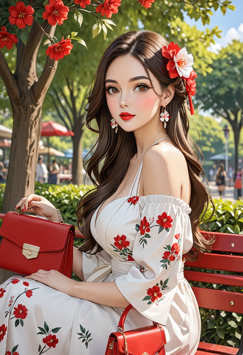 1girl solo long hair breasts looking at viewer brunette headgear dress brown eyes jewelry sitting upper body string flower earrings outdoors hair flower bag tree leaves handbag red lips bench