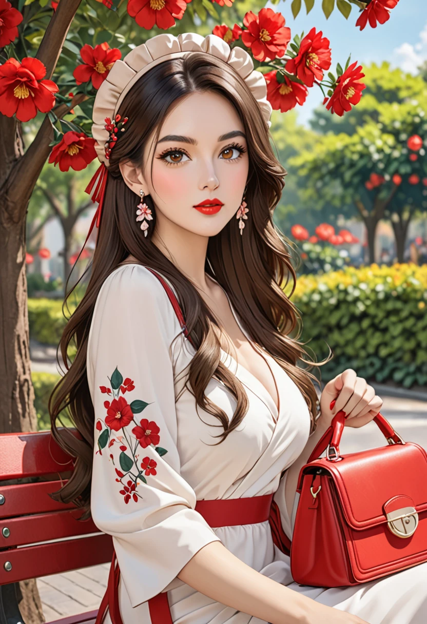 1girl solo long hair breasts looking at viewer brunette headgear dress brown eyes jewelry sitting upper body string flower earrings outdoors hair flower bag tree leaves handbag red lips bench