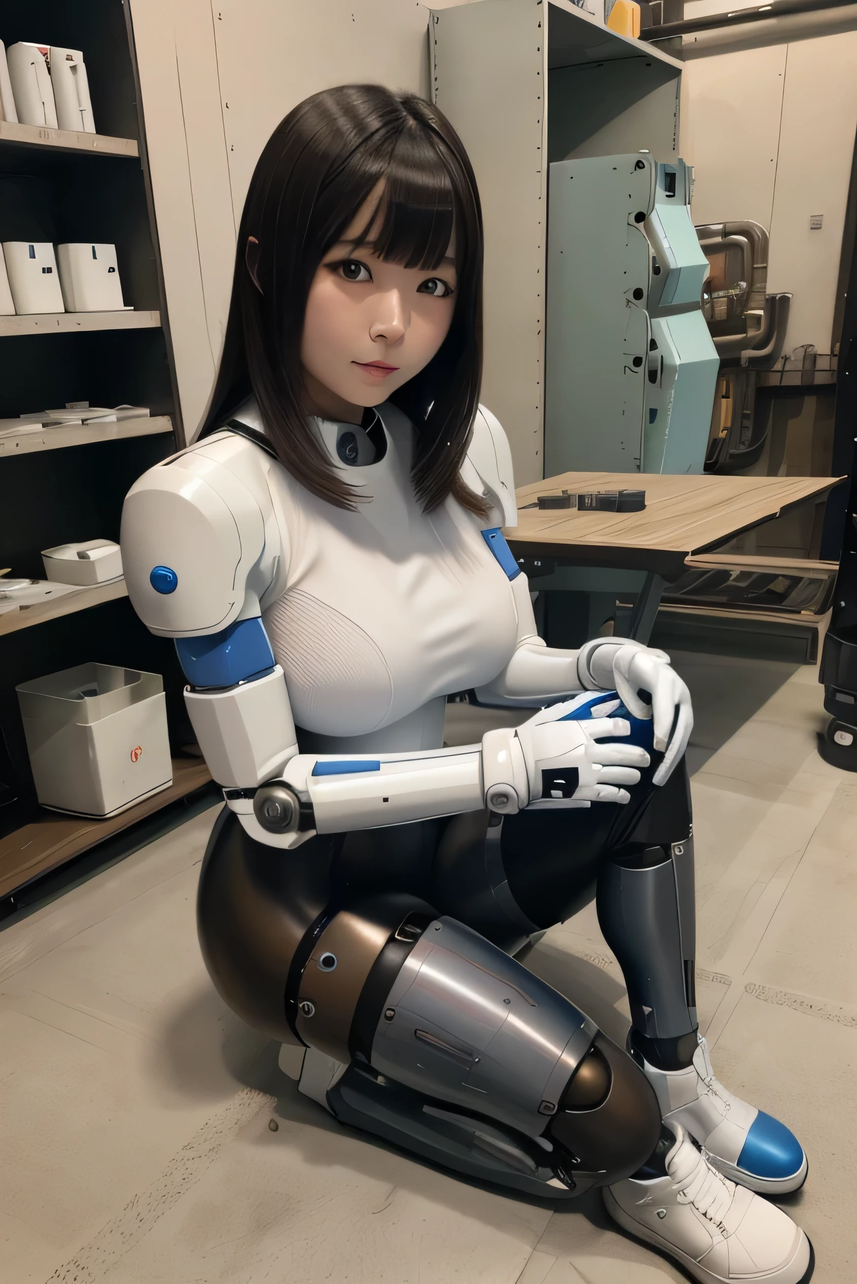 masterpiece, best quality, extremely detailed, Japanese android girl,Plump ,control panels,robot arms,robot,android,cyborg,white robot body,ceramic body,perfect robotgirl,blunt bangs,robot repair plant,chubby,pantyhose,platform sneaker,blue eyes,