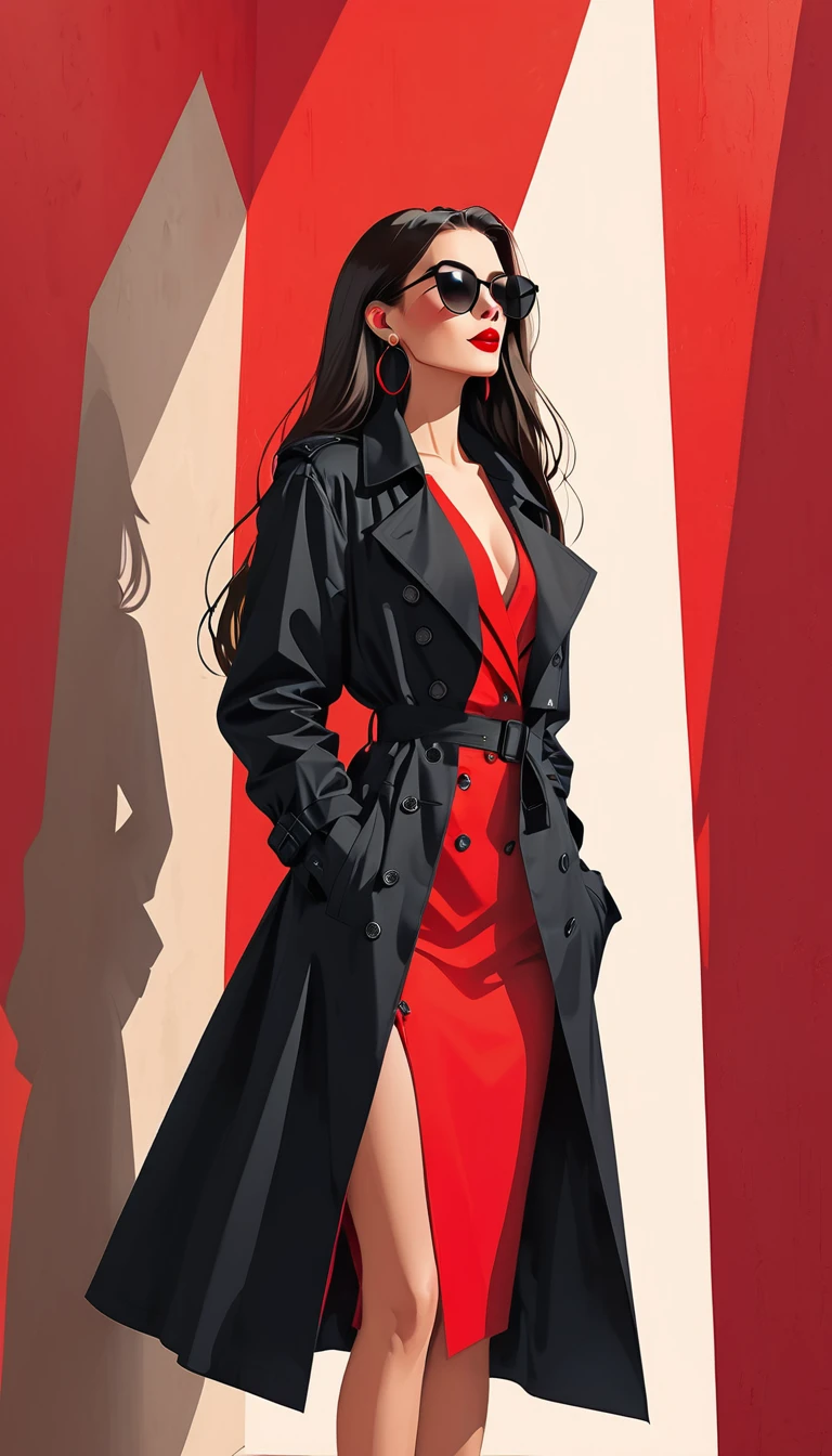 Simple vector illustration，Beautiful girl standing against the wall，Delicate red lips，unique，confidence，Long straight hair，sunglasses，Exaggerated earrings，unique，Staring at the audience），（Black deep V trench coat：1.37，Red bottoming skirt）。Looking from the bottom up，Geometric Light and Shadow，Clean and simple red background