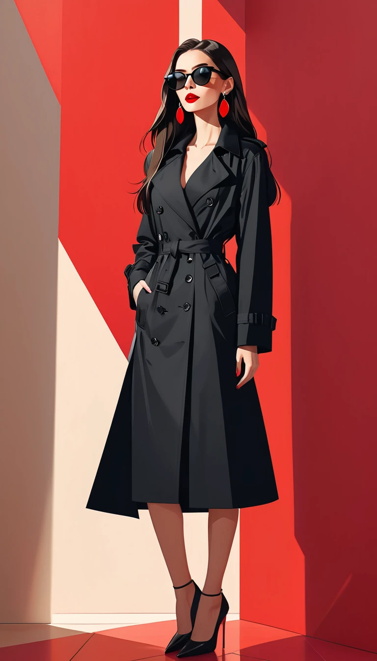 Simple vector illustration,Beautiful girl standing against the wall,Delicate red lips,unique,confidence,Long straight hair,sunglasses,Exaggerated earrings,unique,Staring at the audience),(Black deep V trench coat:1.37,Red bottoming skirt)。Looking from the bottom up,Geometric Light and Shadow,Clean and simple red background