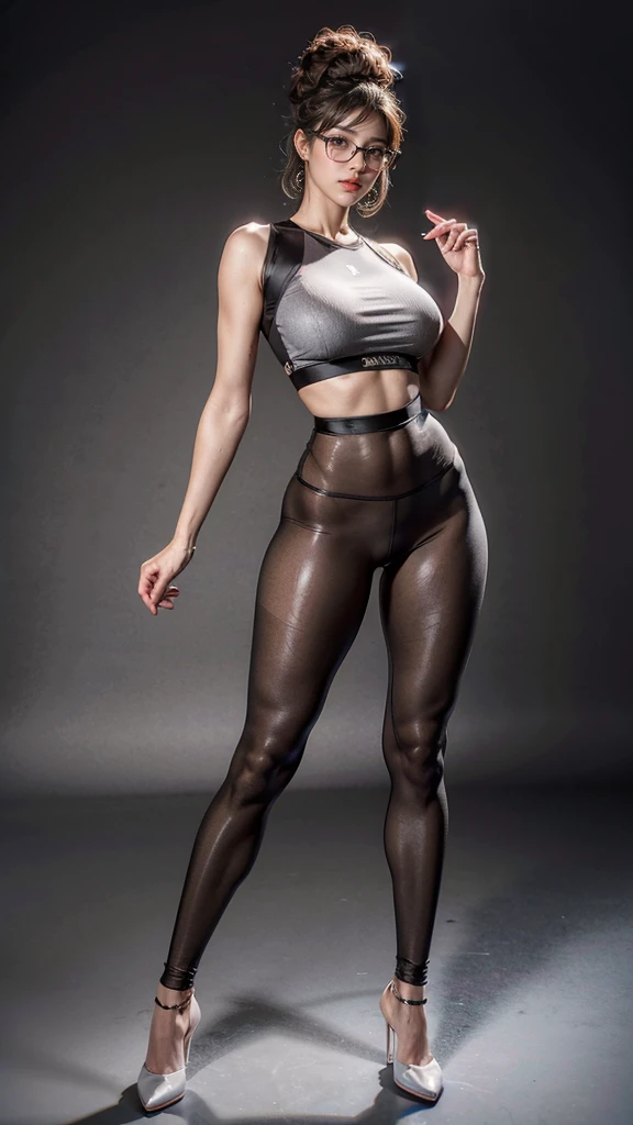 (masterpiece, best quality, Realistically, Work, Very detailed, 8K), ((Wide-angle lens, Full body female)), 1 girl,Light makeup,Exquisite facial features,Smile,Exquisite hairstyle, Big breasts,Metal-framed glasses,Correct finger structure,Fitness Clothing,Yoga Pants,Hip-hop style,fWorknet tights,Light brown hair, Hair behind the ears, Pompadour hairstyle, curls, Ease, Heart Earrings,Front standing posture,Facing the audience,Full body portrait,Gray background