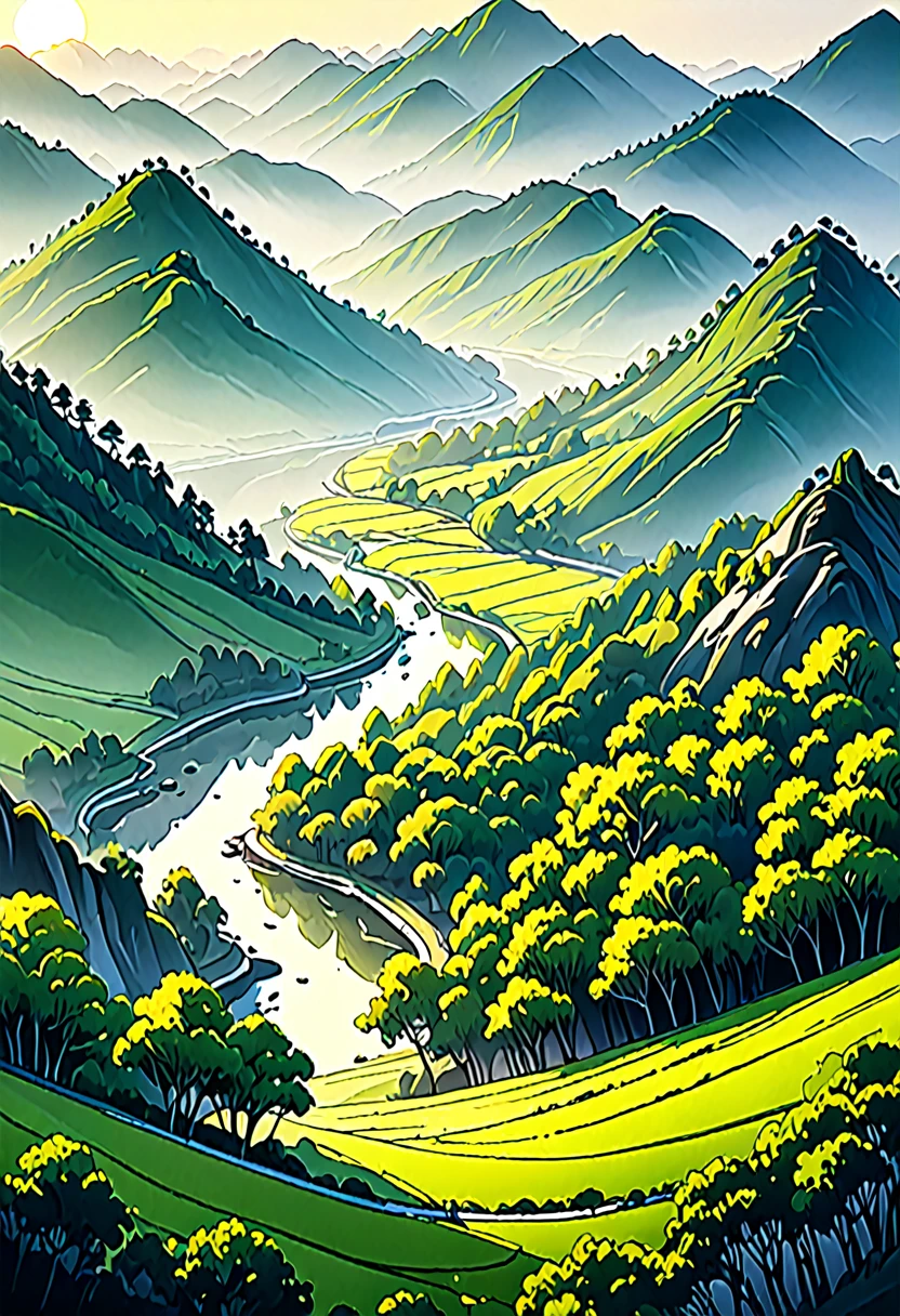 Chinese Landscape Ink Painting High Angle Perspective 0C Rendered Sculpture, green trees and green hills, morning vibes with sun, 4K