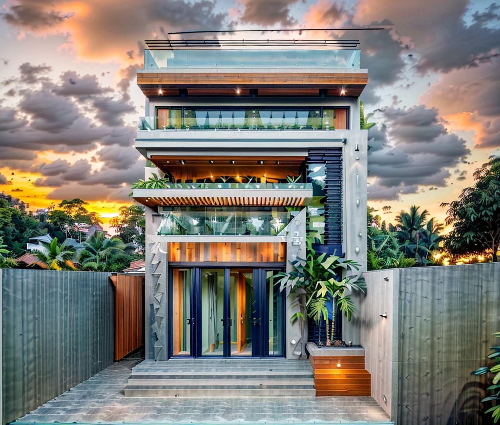 exterior contemporary house in the sunrise,( halfway up the tropical hill)), cladding stone mix with nature wood material, galss rail,plants on balcony, glass window, nice lanhscape with tropical trees and plants,green grass, navy blue and orage color scheme,