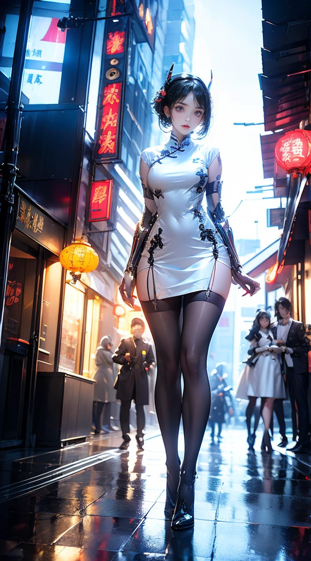 masterpiece,best quality,high resolution, 1 Girl,From below,(The legs are very thin and straight),,(Very long legs,Straight Legs),,High heel,Long Law,stand up, From the front,Very long legs, Perfect body,Have perfect legs,(Exterior),Full Body Love,Cyberpunk characters,Dynamic poses,1 Girl,Exquisite eyes,Brown eyes,Eyeshadow,make up,White hair, Detailed face, Delicate eyes, Looking at the audience, Blush\(make up\), Full lips, Red lips,(White hair:1.3), (stand up)Mechanical static,Mechanical Summoning,(Hair accessories:1.1),Headgear,Chinese clothing,On Cheongsam,(black,Stocking straps),Network Hanfu,White Coat,City,Luminous winding,Glowing Butterfly,Cyberpunk Lights:1.1),Neon,Full of mechanical and futuristic elements,technology,背景是中国传统street,Chinatown, street, sky sky, Cyberpunk characters, paper lantern, Neon Super Resolution,(Reality:1.3),1(Slim:1.2),Dramatic Lighting,Vivid details,Luxury Cyberpunk,Complex background,Octane Rendering