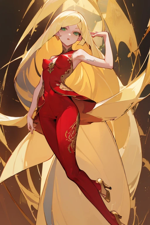 ((Highest quality)), ((masterpiece)), (Familiar),nsfw,Lusamine,thin,Long blonde hair,Small breasts,Small breasts,Erect nipples,Tattoo of the uterus,Adult female,Green Eyes,Slanted Eyes,Sleeveless dress,Gorgeous red dress,Gold embroidery,High heels,Fascinating,White pants
