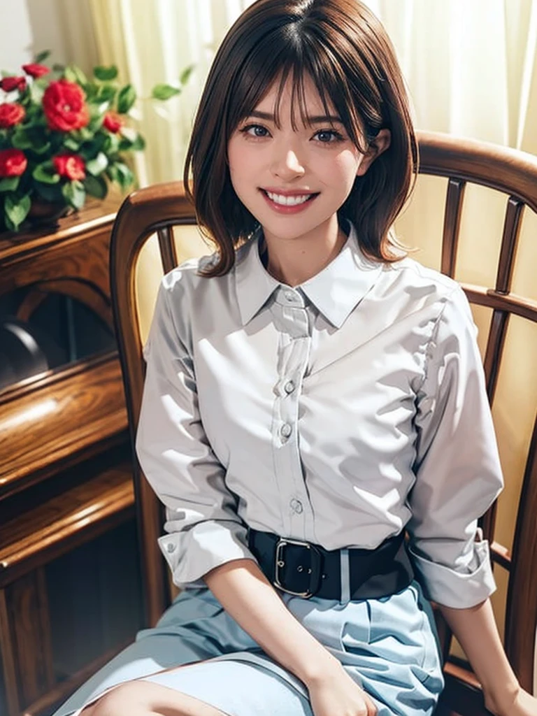 raw photo, 1girl, cute face, beautiful face, medium breast, collared blouse, White blouse, light smile, detailed skin, simple background, Above the knee, sit on a chair, Seductive pose, photorealistic, masterpiece, best quality, anatomically correct