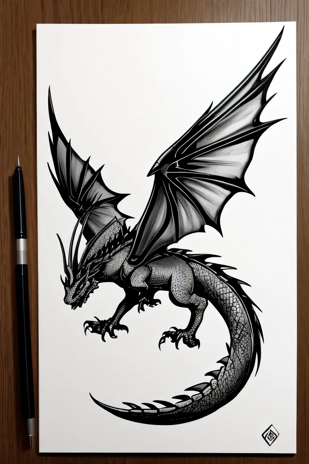 One dragon with open wings. simple ink style. Centered image