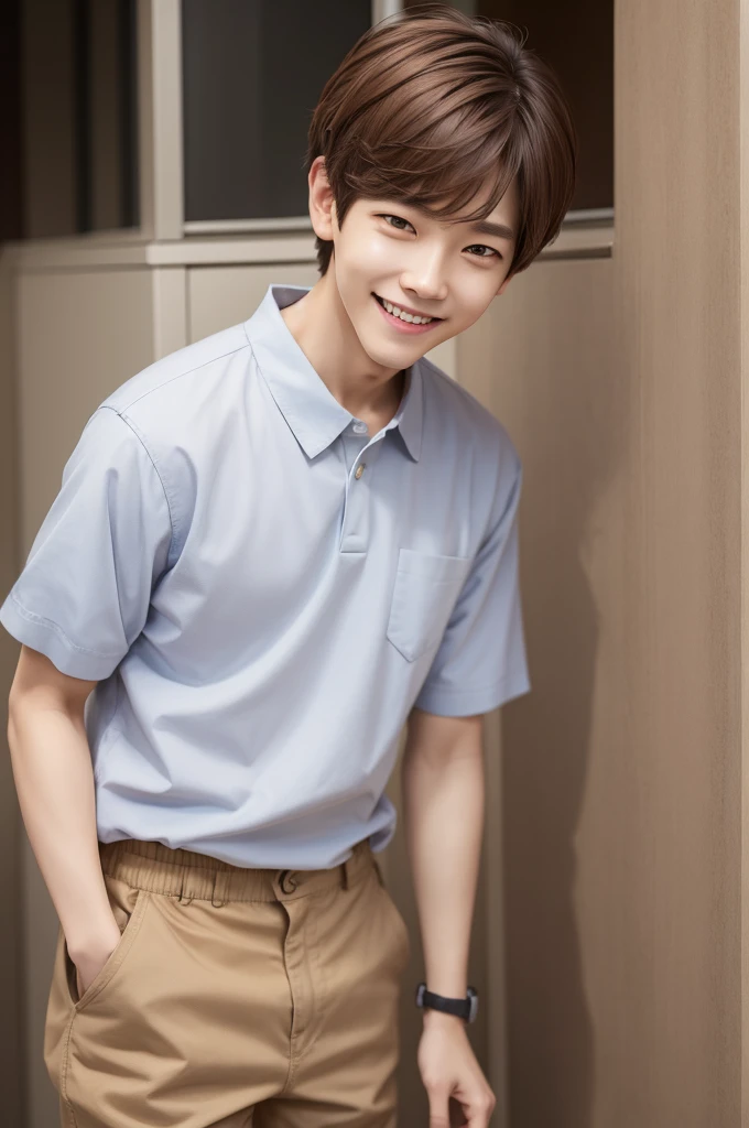 byun baekhyun, short brown hair, simple clothes, smiling