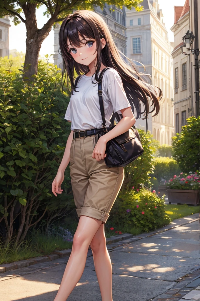 Jeune fille, peau bronzée, couette brune, yeux dorée, très petit seins, souriante, harnais en cuir, t-shirt blanc sans manche, pantalon en tissu noir, ceinture en cuir, épée fourreau hanche droite, marche sur un chemin de terre, forêt, coucher de soleil