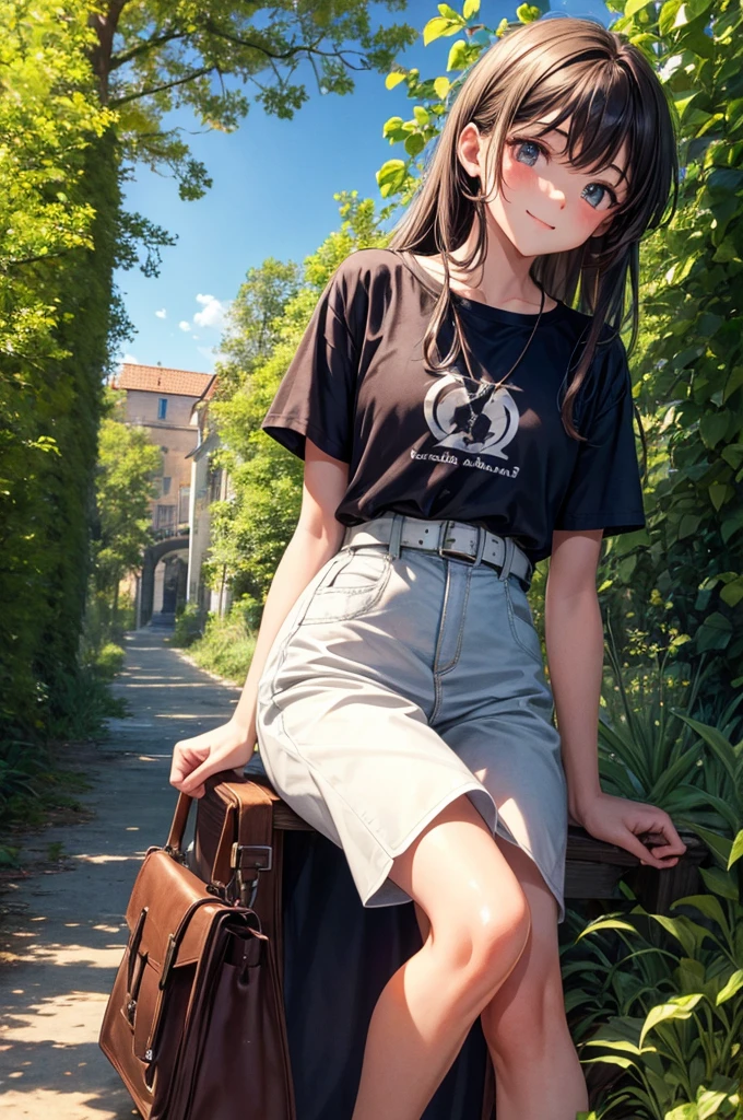 Jeune fille, peau bronzée, couette brune, yeux dorée, très petit seins, souriante, harnais en cuir, t-shirt blanc sans manche, pantalon en tissu noir, ceinture en cuir, épée fourreau hanche droite, marche sur un chemin de terre, forêt, coucher de soleil