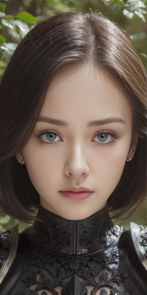 a sserafimsakura, perfect eyes, (ultra realistic:1.5), (standing in forest:1.2), (close-up photo:1.5), (black paladin armor:1.2), (intricate:1.2), (looking at camera:1.2), (best quality:1.2),