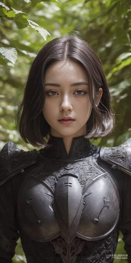 a sserafimsakura, perfect eyes, (ultra realistic:1.5), (standing in forest:1.2), (close-up photo:1.5), (black paladin armor:1.2), (intricate:1.2), (looking at camera:1.2), (best quality:1.2),