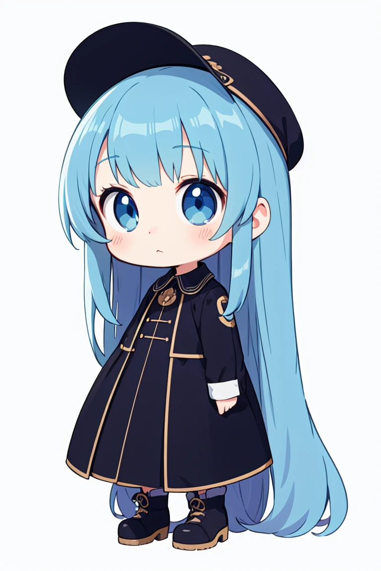 chibi, flat color, solo, full body, cute, (highest quality), blue eye, long hair, white background, (masterpiece)