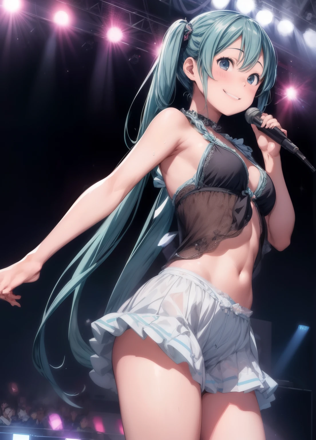 (masterpiece、Highest quality、Highest quality、Official Art、Beautiful and beautiful:1.2)、(One girl:1.3)Hatsune Miku、Twin tails,Beautiful breasts,8K, Highest quality, High resolution, Realistic, Real person, A live stage attracting a large audience, One Girl, Young and cute Japan idols, ((Cane)), big, Long and beautiful legs, With a smile on the stage、Mr.々Dancing vigorously in a pose, Holding a microphone, Gorgeous and revealing costume, Beautiful lighting