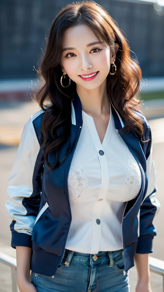 1 girl, national foundation, (hotel background), ((32k, raw, masterpiece: 1.5)), (Professional photography, sharp:1.2), Perfect dynamic composition, (Natural sun light), (soft shadow), (Perfect body:1.4), (((skinny figure))), ((huge round breasts: 1.3)), (((((black long curly hair))))), Ultra-detailed faces and skin, perfect asian, White skin, (Delicate skin:1.4), (latex skin:0.4), (perfect glowing skin:0.6), light brown eyes, beautiful eyes, round eyes, pretty face, blush, glossy lips, glossy eyes, Perfectly proportioned face, Really moist skin, Refined expression, (((huge smile at the camera))), looking at camera, Refined expression, Elegant necklace, Elegant earrings, minimalist, ((((blue track jacket, white shirt, and navy blue jeans))))