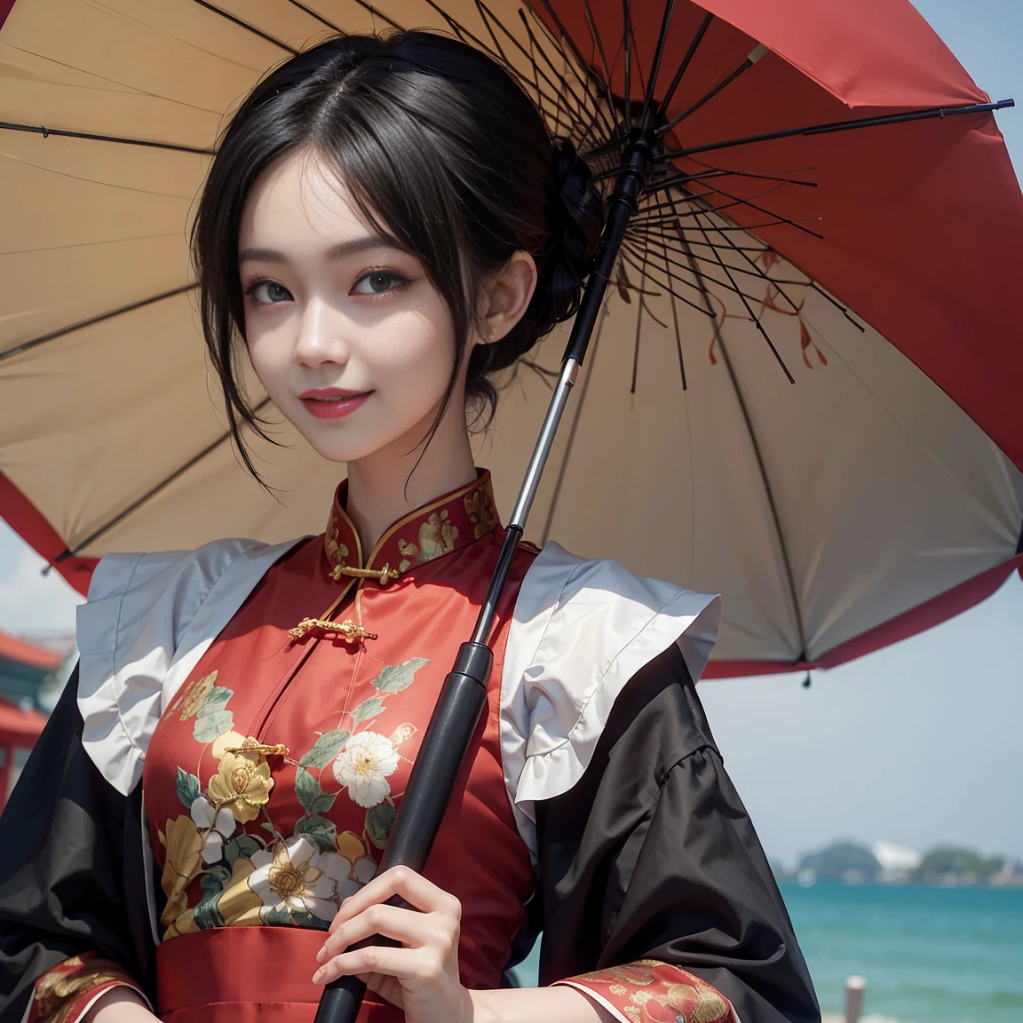 Red chinese dress, 1girl, solo, black hair, short hair, upper body, smile, parasol, mature female,