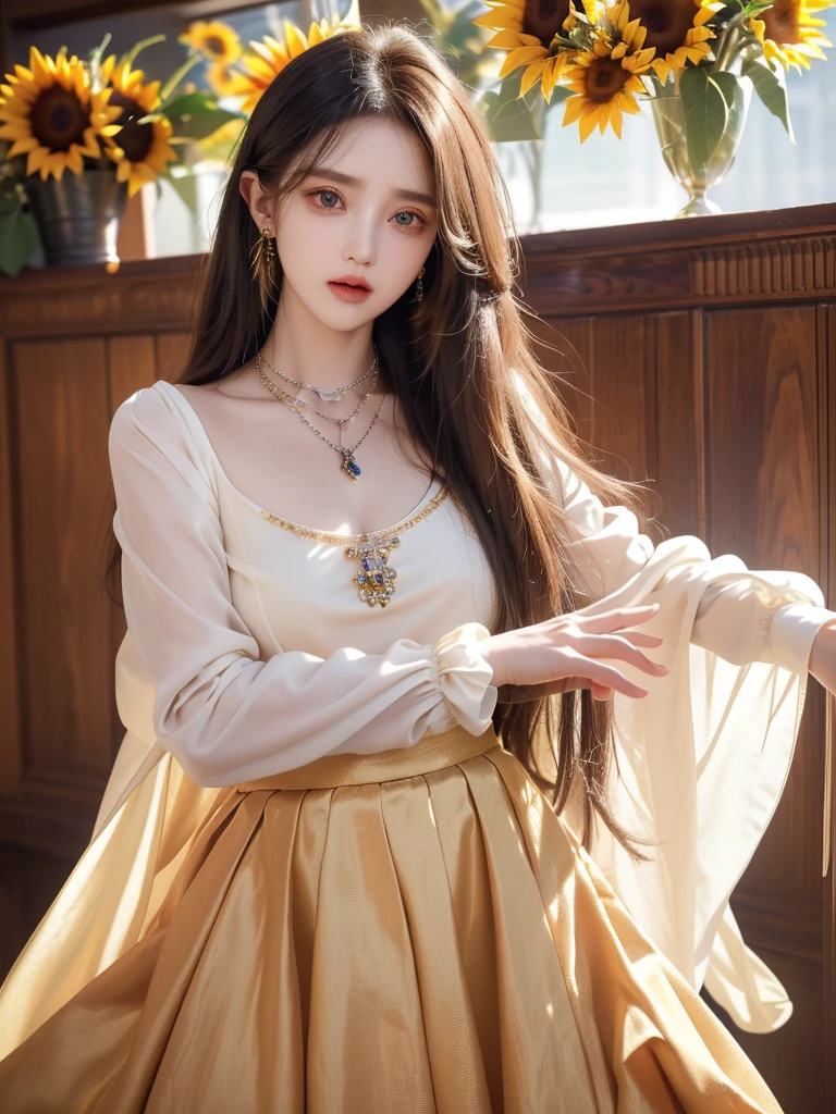(  Absurdly , high quality , Extremely detailed ) ,( Handmade details ) , 1 Girl, Solitary, Mature, Very long hair, Sunflower Hair , Beautiful crystal eyes ( Eyes Details ) Baroque, necklace, Long skirt, Long sleeve, elegant, rich and colorful, The most detailed, Upper Body , There are rivers and sunflowers