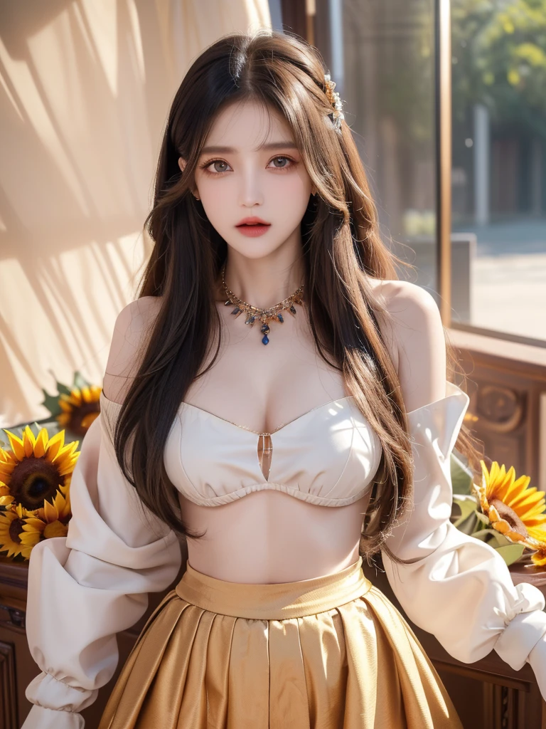 (  Absurdly , high quality , Extremely detailed ) ,( Handmade details ) , 1 Girl, Solitary, Mature, Very long hair, Sunflower Hair , Beautiful crystal eyes ( Eyes Details ) Baroque, necklace, Long skirt, Long sleeve, elegant, rich and colorful, The most detailed, Upper Body , There are rivers and sunflowers