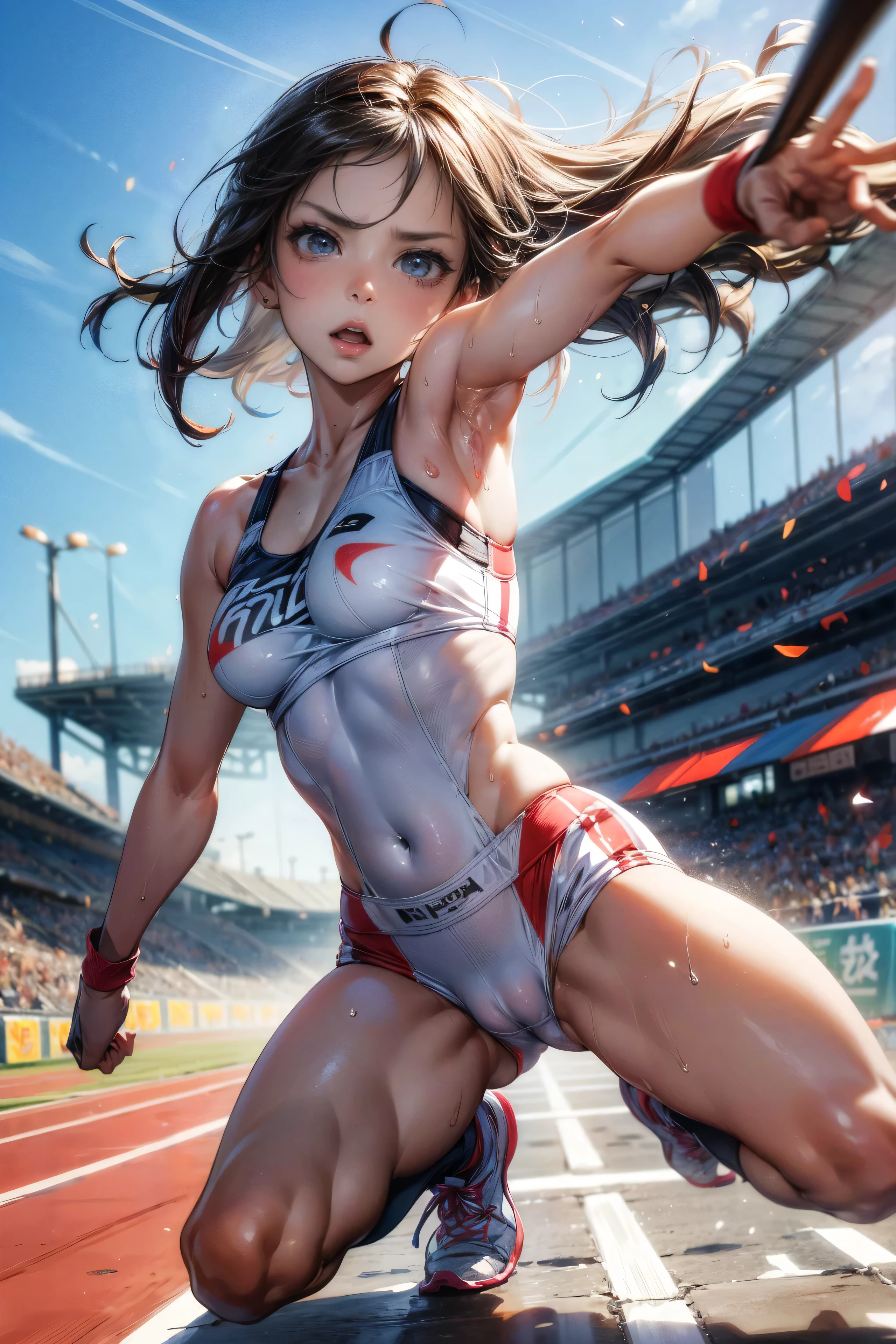 Photo of a 20 year old woman, Perfect Face, masterpiece, good, Sports bra,Racing Bloomers、good,  Dynamic Perspective、Run at full speed、Sweat flying、Serious face、Crouching Style、Track and Field、Nipple swelling、Pussy Cameltoe