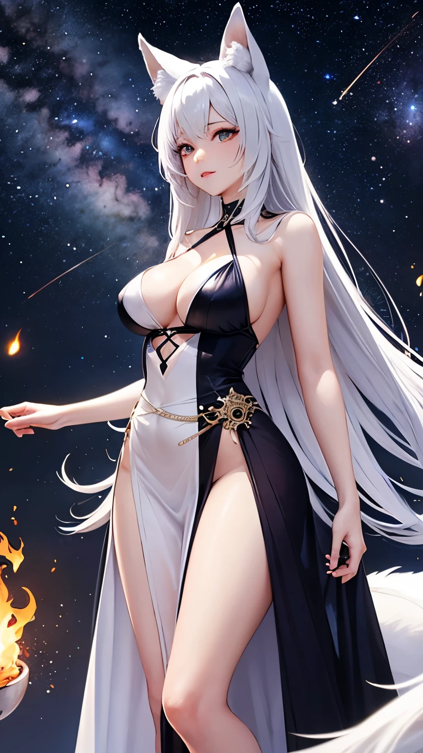 Highest quality, Super quality, 16K, Incredibly absurd, Very detailed, 2.5D, delicate and dynamic, Small faint lights and flying fireflies, night, Starry Sky, milky way, nebula, shooting star,,erotic, sole sexy lady, healthy shaped body, 22 years old lady, 170cm tall, huge firm bouncing busts, Colorful stripes of light, A long dress with a complex structure, Colorful dress, Nine-tailed white fox, Fox Dance