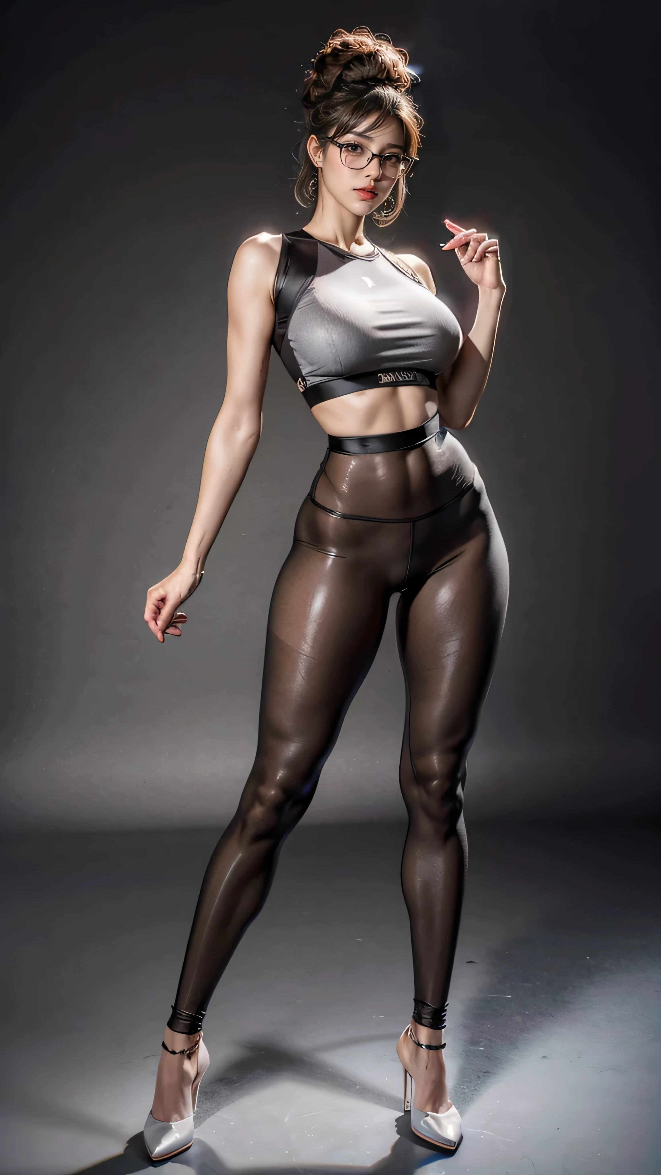 (masterpiece, best quality, Realistically, Work, Very detailed, 8K), ((Wide-angle lens, Full body female)), 1 girl,Light makeup,Exquisite facial features,Smile,Exquisite hairstyle, Big breasts,Metal-framed glasses,Correct finger structure,Fitness Clothing,Yoga Pants,Hip-hop style,fWorknet tights,Light brown hair, Hair behind the ears, Pompadour hairstyle, curls, Ease, Heart Earrings,Front standing posture,Facing the audience,Full body portrait,Gray background