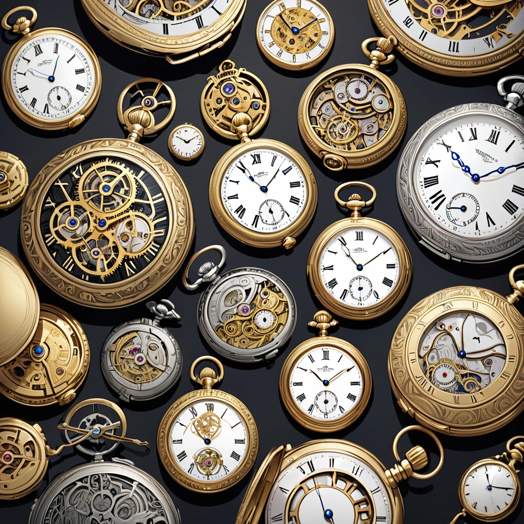 Small, ornate pocket watches with detailed engravings on the covers and visible clock faces. Some watches should be shown open, revealing the intricate clockwork, while others should be closed.