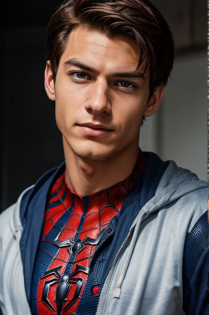 A photograph of spider man, no mask, 20 yo, handsome, detailed face, looking at camera, portrait, 8k uhd, high quality