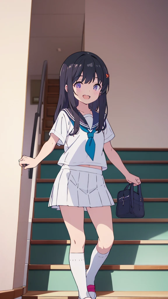 school stairs　primary school girl, 8 years　flat chest, long black hair with purple tone, purple eyes　SMILE　White upper body, Navy short-sleeved sailor uniform.　Navy blue miniskirt and white panties. （（I can see her panties）） white socks　sport boots　school stairs　Standing Dynamic angle Low angle