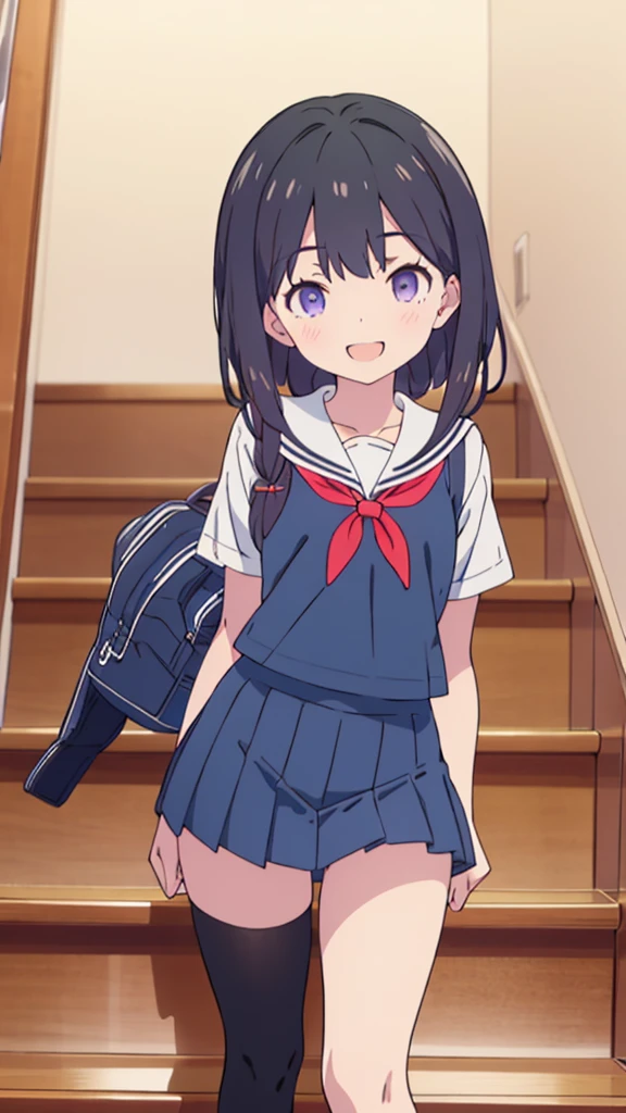 school stairs　primary school girl, 8 years　flat chest, long black hair with purple tone, purple eyes　SMILE　White upper body, Navy short-sleeved sailor uniform.　Navy blue miniskirt and white panties. （（I can see her panties）） white socks　sport boots　school stairs　Standing Dynamic angle Low angle