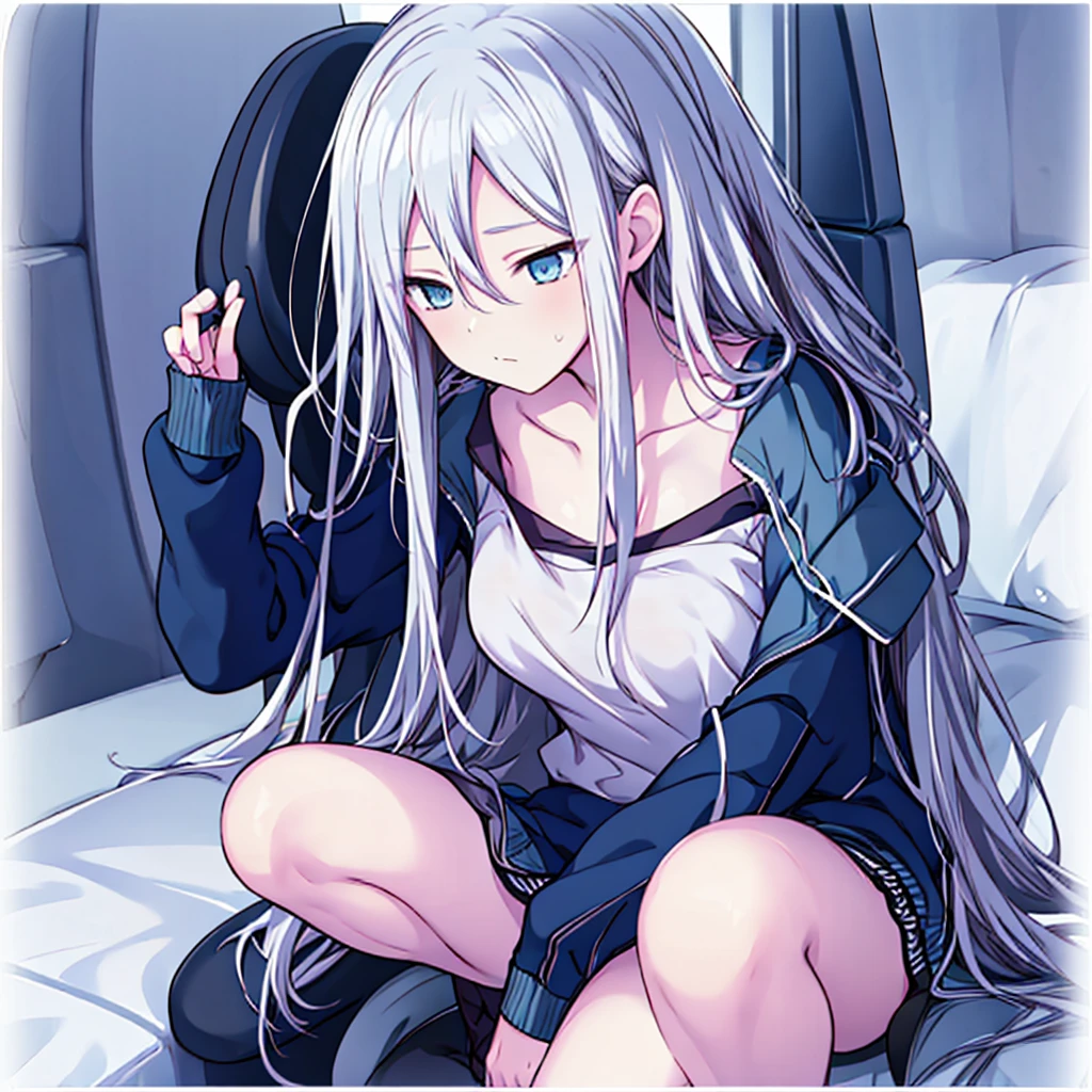 Yozaki Kanade（Project Sekai）,Long Hair,White Hair,blue eyes,Blue jersey,Disheveled hair,Black camisole,Smaller breasts,Sleepy face,Looking this way,