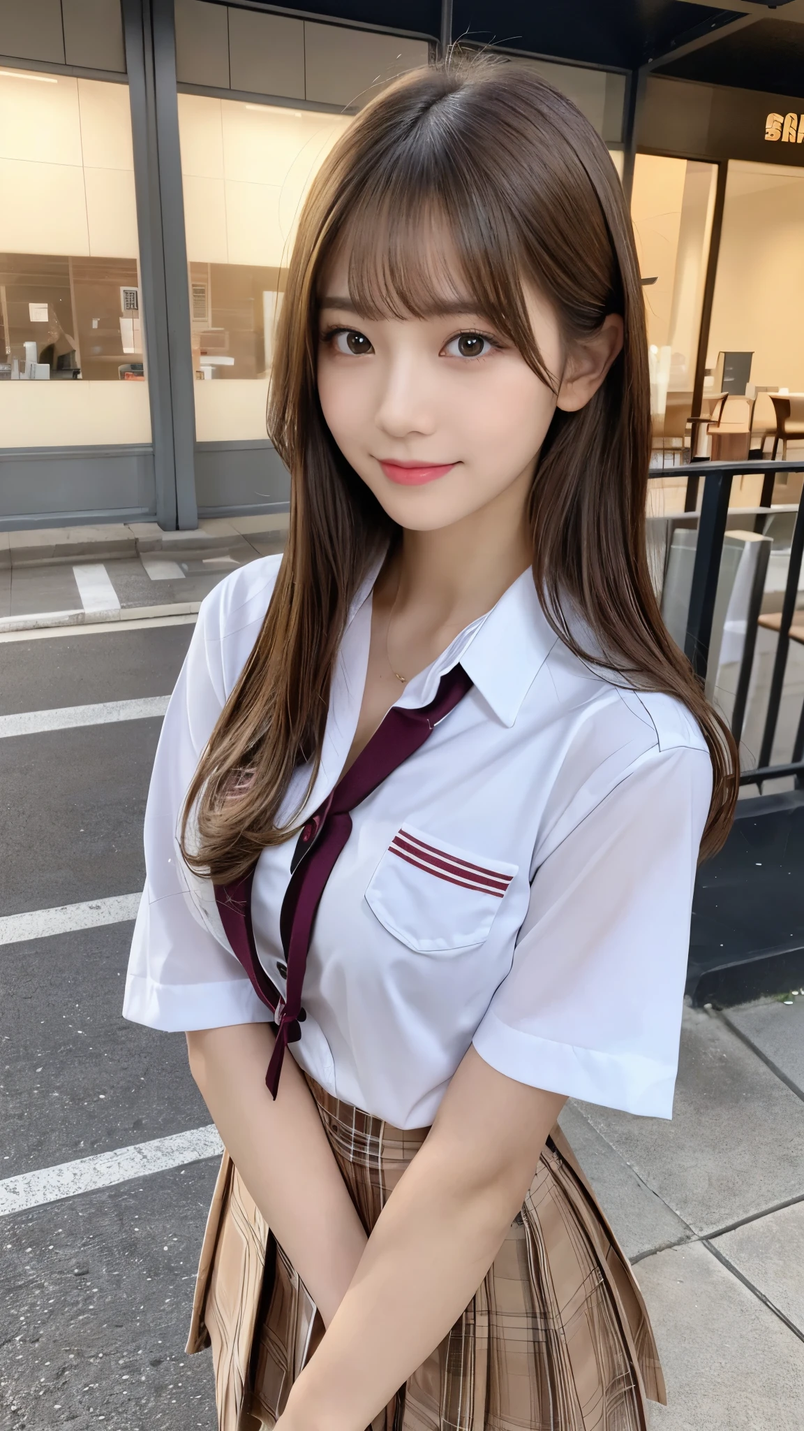 (Detailed skin:1.2),(Shiny skin:1.1),8K,Highest quality, masterpiece, Ultra-high resolution,(Realistic:1.4), RAW Photos,(Soft saturation:1.3),(Fair skin:1.2),Japanese Idols,repair,20 years, Light brown hair, (Long Hairstyles:1.2), Asymmetrical Hair, Asymmetrical bangs (Pretty face:1.4), (Large Breasts, Tight waist), Beautiful lighting, Small Head, (Student Uniform:1.2,),Highly detailed face, Highly detailed lips, fine grain, double eyelid,(Full Body Shot), Browsing Caution, (Sharp focus: 1.2), (Perfect Anatomy、Beautiful woman with perfect figure: 1.2)、Exposing cleavage、Random sexy poses,Accentuate your leg lines、Smiling
