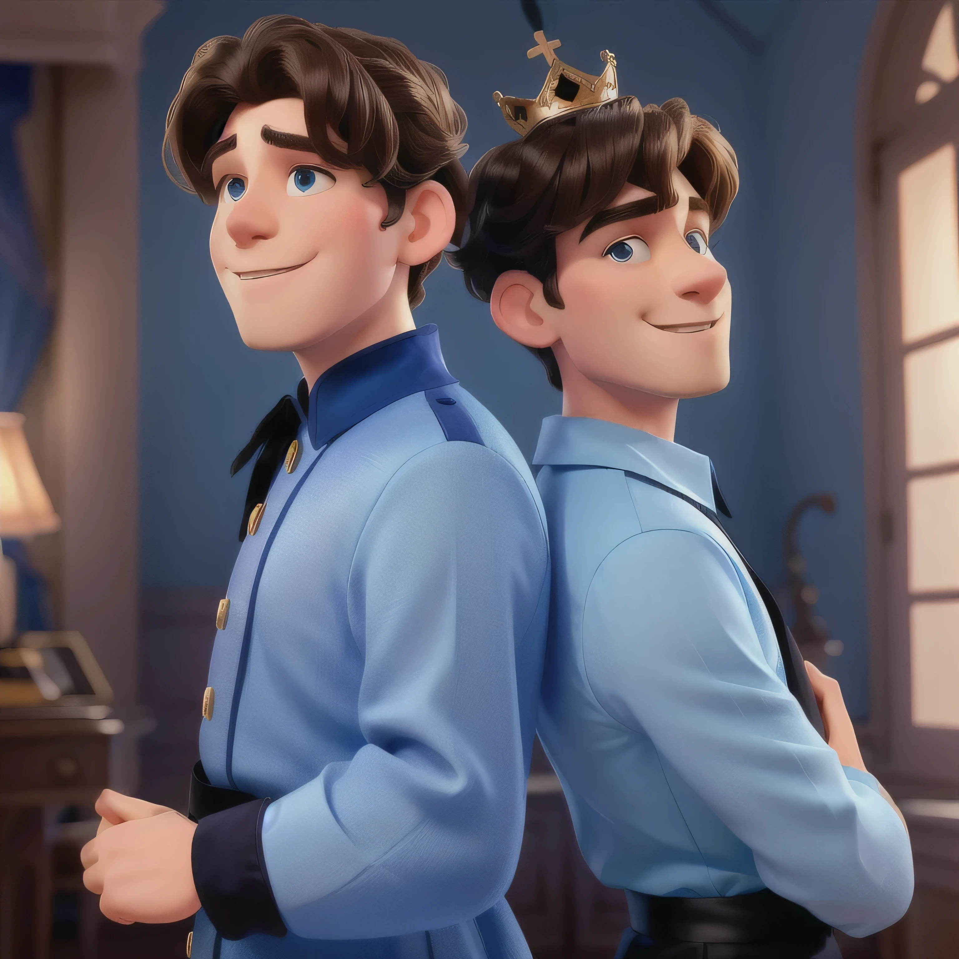 Disney movie cover with a charming prince with a crown and blue clothes with his back to a smart chambermaid wearing a black uniform and a ruffled headpiece