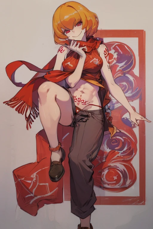 ((Highest quality)), ((masterpiece)), (be familiar with),Clementine,Overload,{{nsfw}},Tattoo of the uterus,Sleeveless sweater,shawl,pants,Bewitching Smile,whole body
