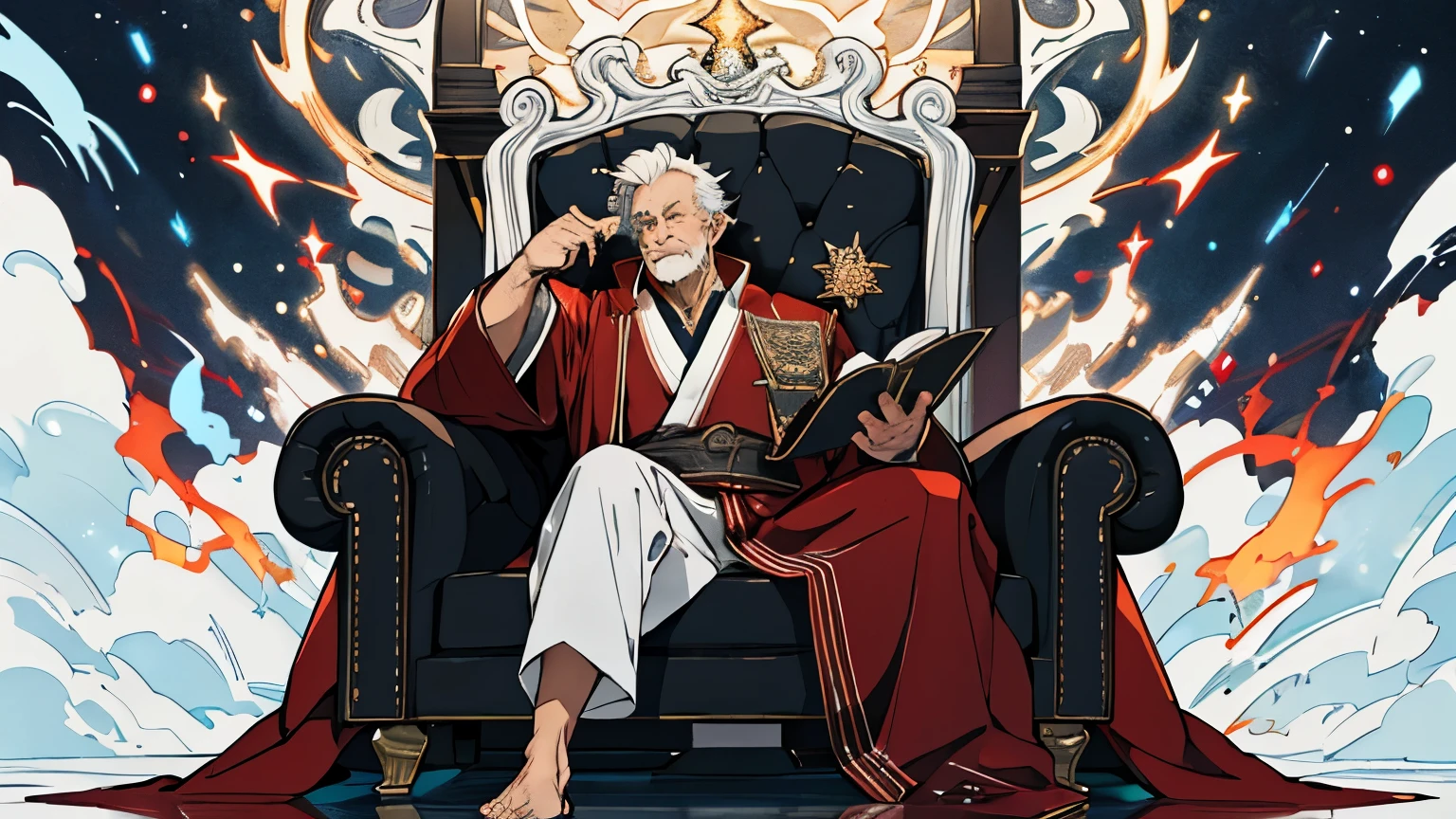 Sorcerer sitting in a flying chair powered by his magical powers. The sorcerer is elderly and is dressed in a long white and red robe with glowing magical runes