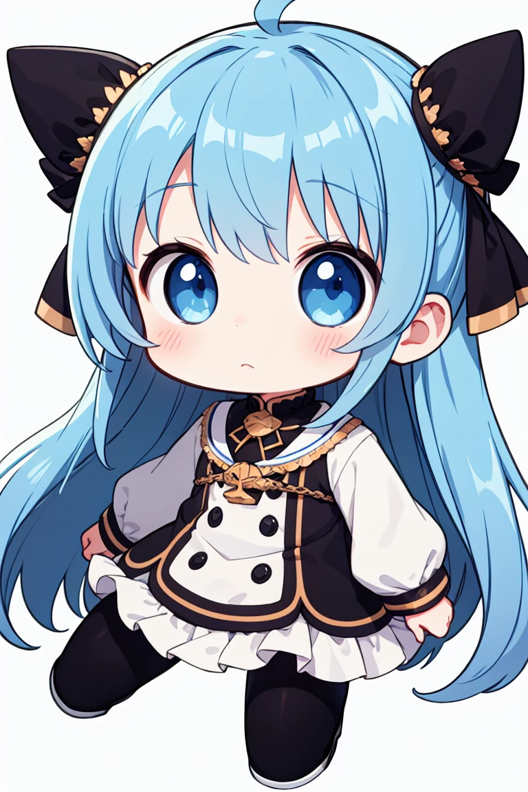 chibi, flat color, solo, full body, cute, (highest quality), blue eye, long hair, white background, (masterpiece)