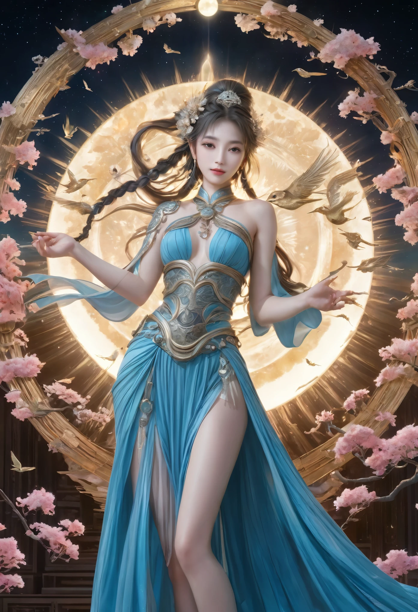 8K resolution, masterpiece, Highest quality, Award-winning works, unrealistic, Final Fantasy, Royal Jewel,Photorealistic Painting by Midjourney and Greg Rutkowski, , elegant, Very detailed, Delicate depiction of hair, Miniature Painting, Digital Painting, Art Station, Concept Art, Smooth, Sharp focus, shape, nature, flight, Thousand Armed Kannon Bodhisattva, Asura, God of War, Castle in the Sky, A strip of light pouring down from the sky, A pillar of light stretching into the sky, Complex colors, Buddhist Mandala, Colorful magic circle, flash, Mysterious Background, aura, A gentle gaze, break, Small faint lights and flying fireflies, night, Starry Sky, milky way, nebula, shooting star, Flowers, birds, wind and moon, erotic, one sexy lady, healthy shaped body, Anatomically accurate skeleton, 22-year-old woman, Asura, height: 170cm, huge firm bouncing busts, Shiny dress, Iridescent dress, bikini dress