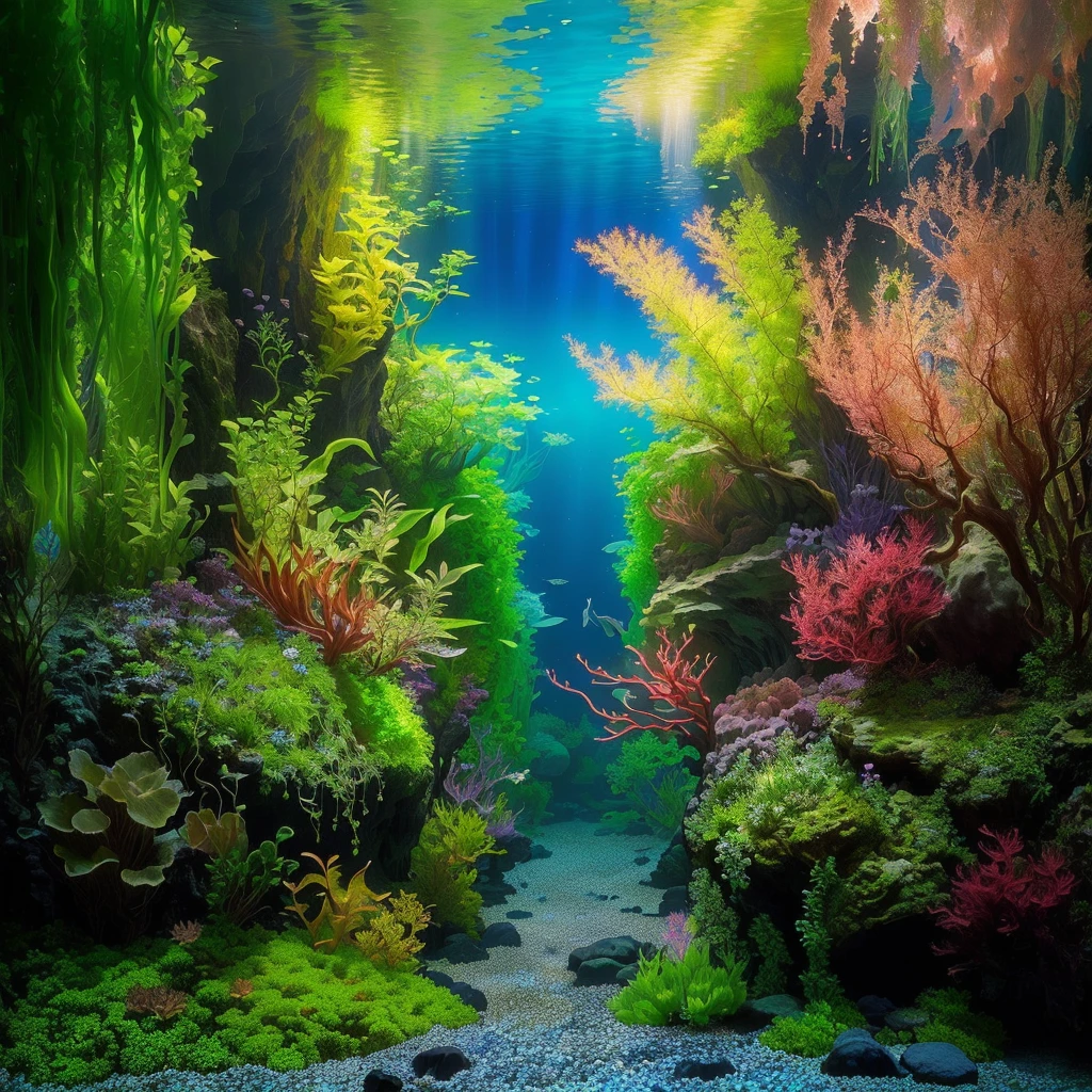há um Aquarium com plantas e pedras nele, underwater landscape, overgrown with aquatic plants, colorful picturesque environment, incredible depth, tropical reef, incredible depth, beautiful environment, underwater environment, magical atmosphere, Underwater scene, underwater scenery, aquatic plants, giant Aquarium in natural cave, underwater plants, Aquarium, Underwater scenery, aquatic plants