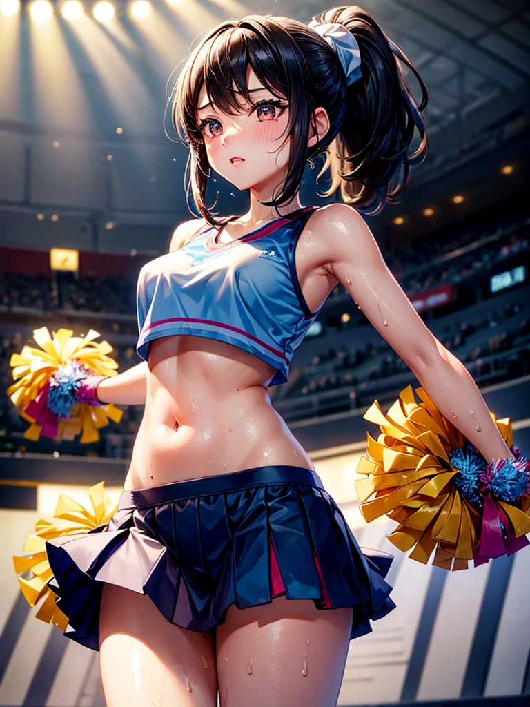 Highest quality,Highest Resolution,Beautiful cheerleader girl,Sweat flying,Big eyes,Belly button,Underwear that becomes transparent due to sweat,Black hair ponytail,Arena,support,