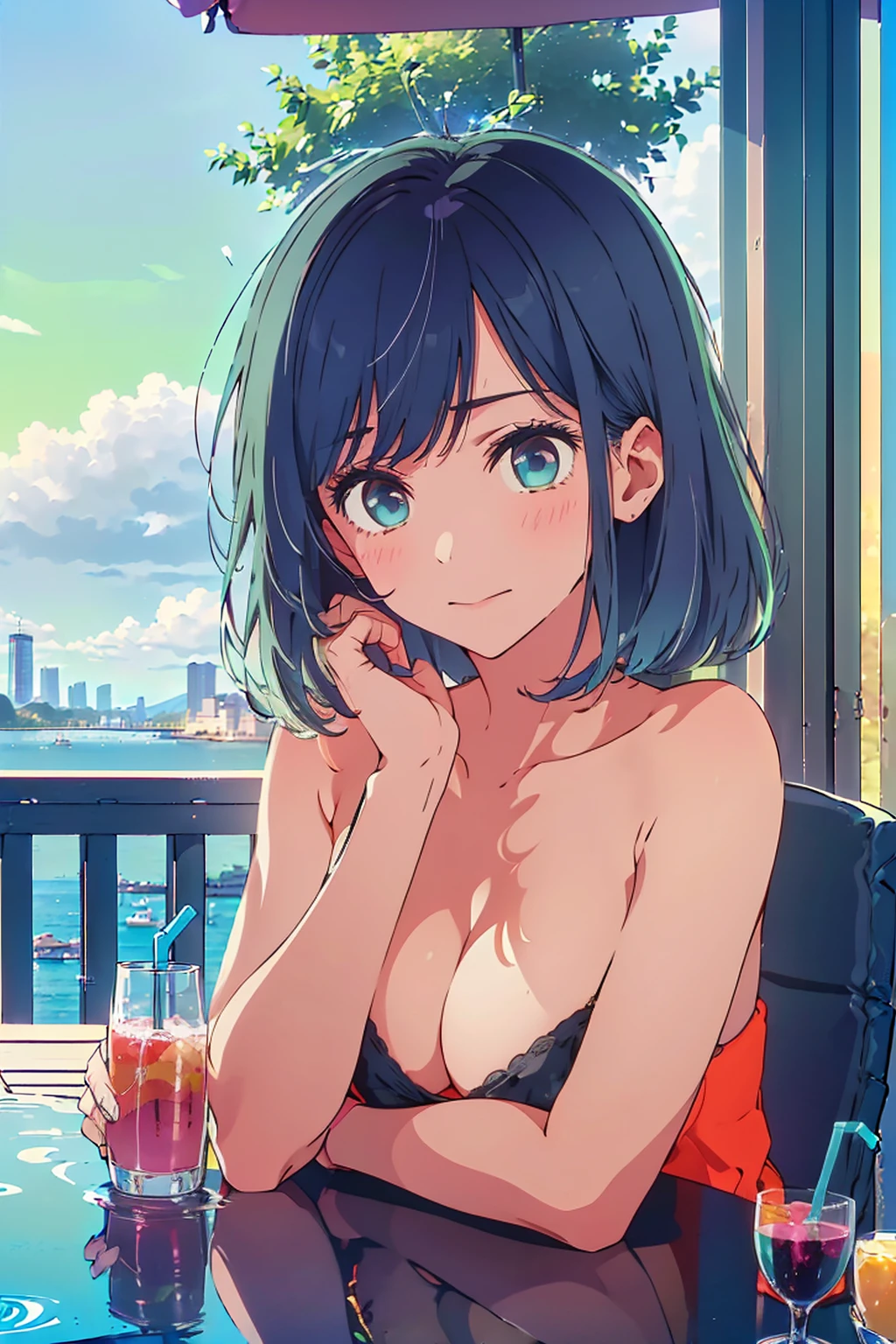 (Highest quality:1.4、masterpiece:1.4、超detailed:1.4、Ultra-high resolution:1.4、Absurd:1.4、Absolute Resolution:1.4、8K:1.4、detailed:1.4)、Slim body、((((1 person、sit、Happy expression、Chair、In the background are the urban buildings of Tokyo、looking at the camera、Outdoor café terrace、Navy hair color、juice、table、Very cute face))))、((((nude、very beautiful areola、valley))))、(Pose with hands tucked behind ears:1.4、Cheek resting on hand:1.4)、(bikini:1.1)、Very blue sky、A completely cloudless sky