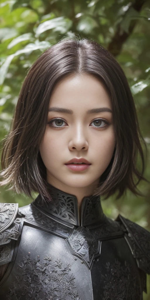 a sserafimsakura, perfect eyes, (ultra realistic:1.5), (standing in forest:1.2), (close-up photo:1.5), (black paladin armor:1.2), (intricate:1.2), (looking at camera:1.2), (best quality:1.2), 