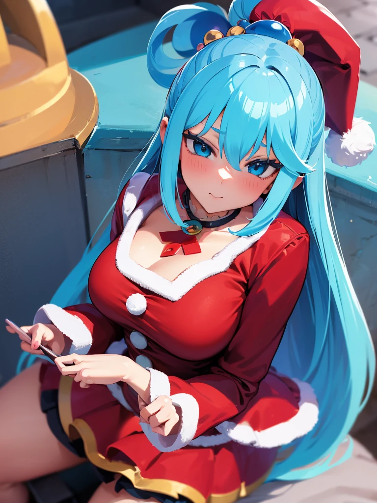 ((top quality)), ((masterpiece)), (Miniskirt with Santa Claus details), Red Santa Dress,perfect face, 1 girl, Aqua Konosuba