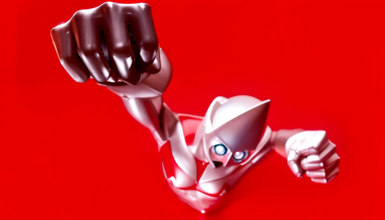 fight big monsters,A dynamic scene featuring a metallic humanoid figure in a powerful, flying pose against a bright red background. The figure is depicted from an overhead perspective, with one arm extended forward in a fist and the other arm bent at the elbow, also forming a fist. The figure's body is sleek and reflective, showing smooth, streamlined contours typical of futuristic or superhero designs. The background is a solid, vivid red, providing a stark contrast to the shiny, metallic surface of the figure, emphasizing its dynamic motion and powerful stance,Ultraman,Super realistic