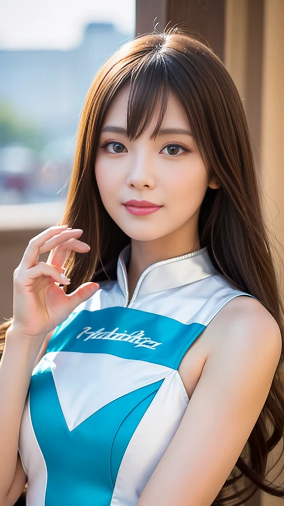 masterpiece, Highest quality, Realistic, Highly detailed CG integrates 8K, 8K,(Very beautiful face, Beautiful Lips, Beautiful Eyes), Exquisitely detailed face,1 Girl, Very beautiful girl,Exquisite eye makeup,Subtle eye detail,The best example of four fingers and one thumb,Toned figure,Nice and beautiful smile,明るいLong Hair,transparent, Quality hair,(masterpiece, Highest quality:1.2),alone,The eyes are exquisite and delicate,Brown Hair、Long Hair、Pink Lips,blue eyes,、Wavy Hair、((Race Queen Cosplay)))、Japanese、25-year-old female