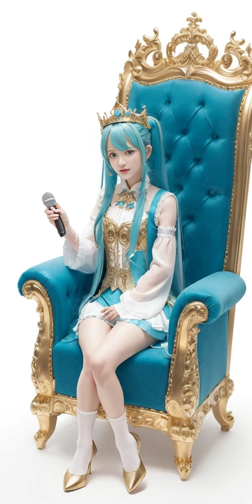 1girl, Hatsune Miku, princess outfit, crown, gold, ((throne)), in a castle, Middle Ages, wearing a blue vest, one foot on the ground, the other foot calf turned outward, one hand holding the microphone, the other hand across the eyes Biye, white background