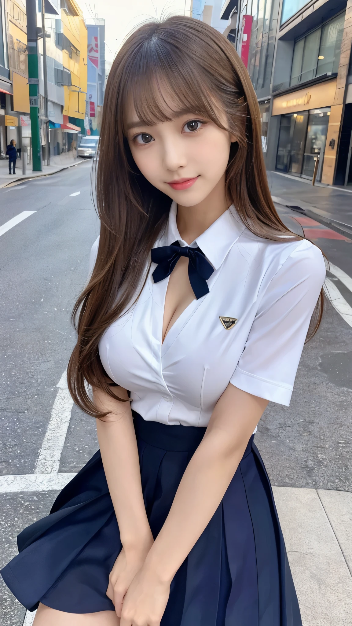 (Detailed skin:1.2),(Shiny skin:1.1),8K,Highest quality, masterpiece, Ultra-high resolution,(Realistic:1.4), RAW Photos,(Soft saturation:1.3),(Fair skin:1.2),Japanese Idols,repair,20 years, Light brown hair, (Long Hairstyles:1.2), Asymmetrical Hair, Asymmetrical bangs (Pretty face:1.4), (Large Breasts, Tight waist), Beautiful lighting, Small Head, (Student Uniform:1.2,),Highly detailed face, Highly detailed lips, fine grain, double eyelid,(Full Body Shot), Browsing Caution, (Sharp focus: 1.2), (Perfect Anatomy、Beautiful woman with perfect figure: 1.2)、Exposing cleavage、Random sexy poses,Accentuate your leg lines、Smiling