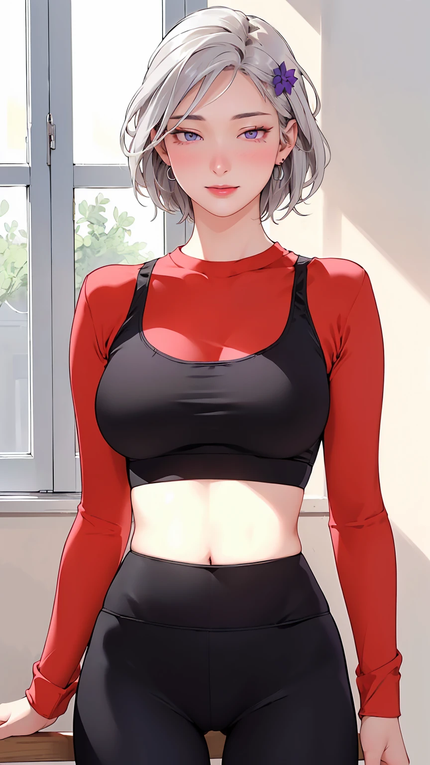 ((((masterpiece, best quality, high resolution)))), Extremely detailed 8K, Beautiful girl with voluptuous body, (Ultra HD, Ultra-detailed, Highly detailed, Highly realistic, Ultra-realistic, photograph realistic), (1girl:1.5), (Realistic white hair), (short wavy hair, hair ornaments, earrings), (dynamic poses), facing at camera, looking at viewer, (blushing red, embarrassed, exhausted, smile), (purple eyes, sharp eyes), (perky breasts:1.2), (beautiful detailed face, beautiful detailed eyes), ((black sports bra, black yoga pants)), (detail pussy), (standing up), sweat, glow, (sunbeam, sunlight), ((cowboy shot)), bedroom, seductive