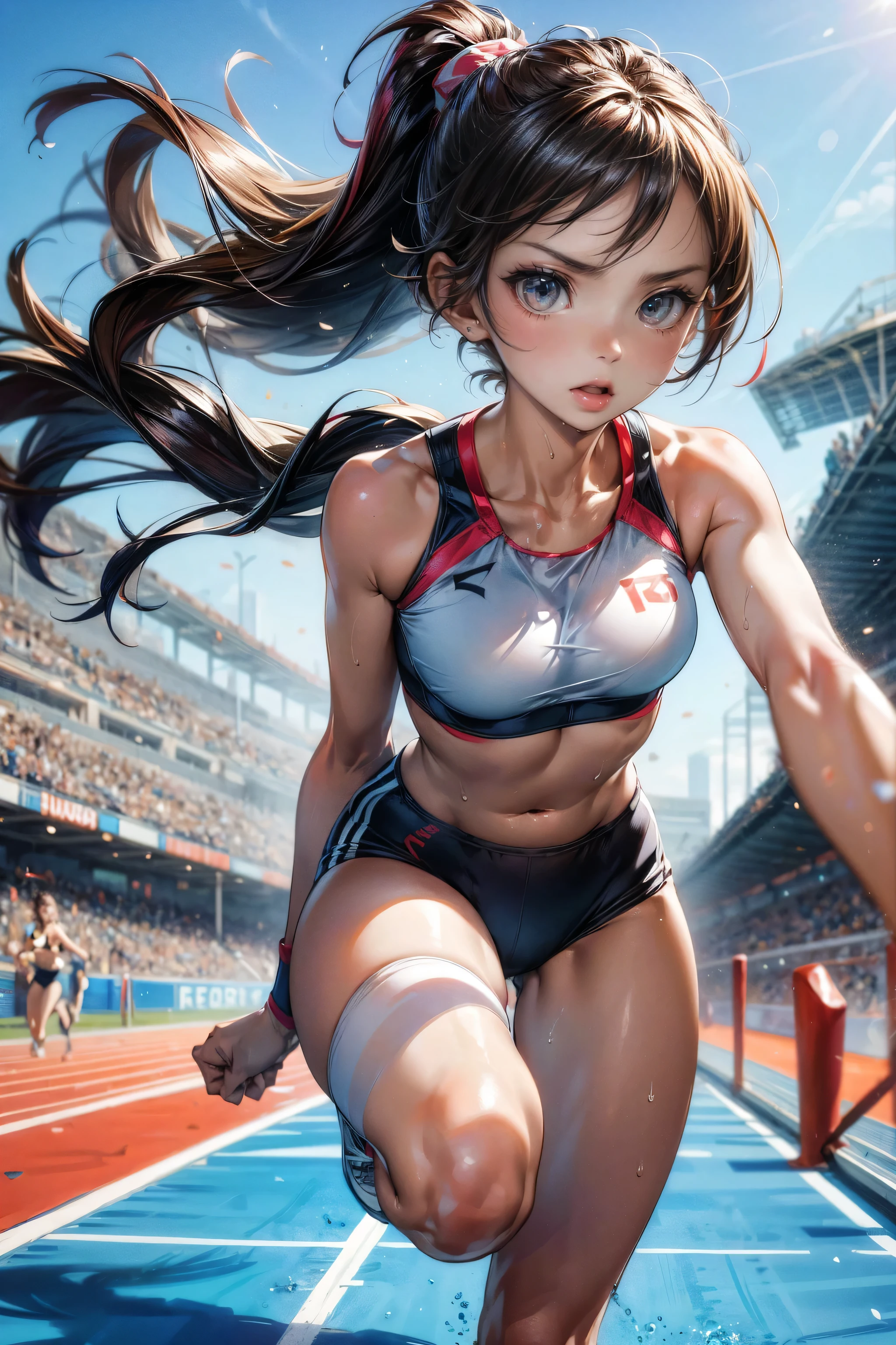 Photo of a 20 year old woman, Perfect Face, masterpiece, good, Sports bra,Racing Bloomers、good,  Dynamic Perspective、Run at full speed、Sweat flying、Serious face、Crouching Style、Track and Field、